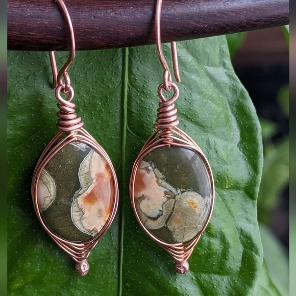 Exotic Rainforest Jasper Earrings Artisan Crafted Copper Jewelry - Picture 13 of 14